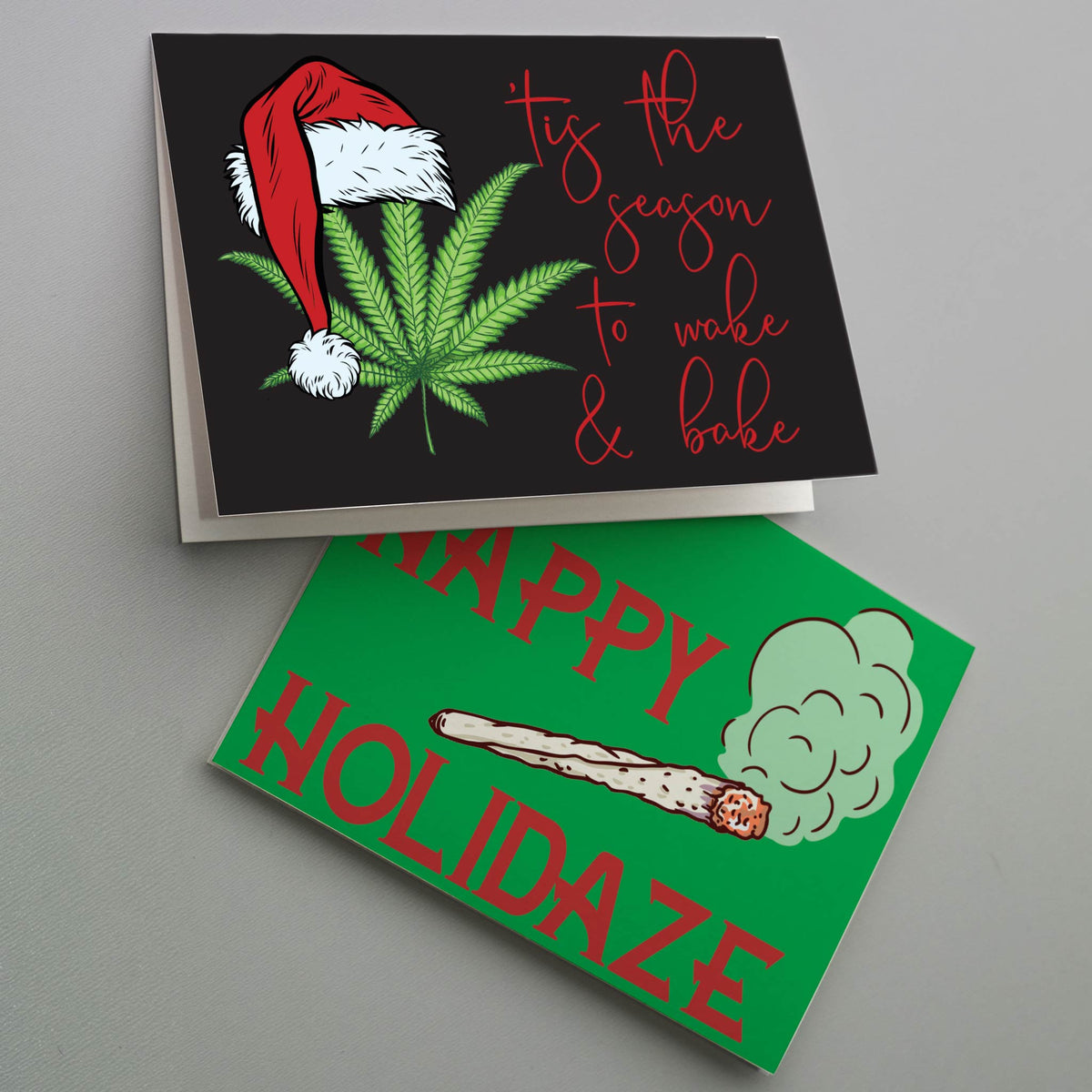 Holiday card set with cannabis leaf Christmas tree, menorah, and ugly sweater pattern designs.