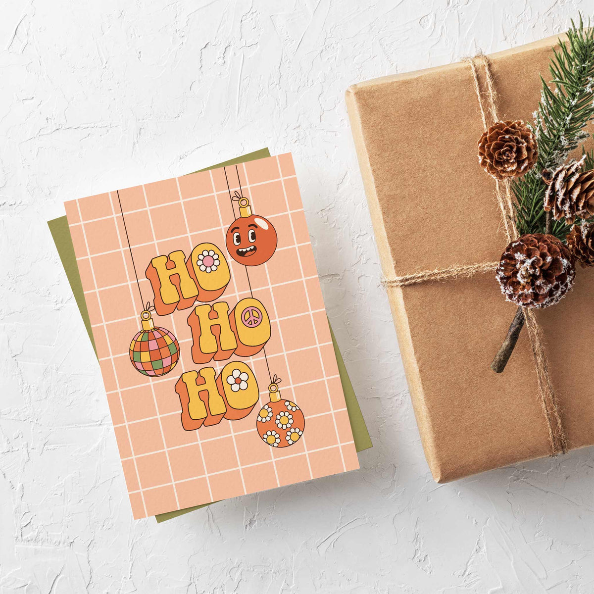 Groovy Christmas card set with cartoon Santas, Christmas trees, presents, and rainbows in bold outlined illustration style.