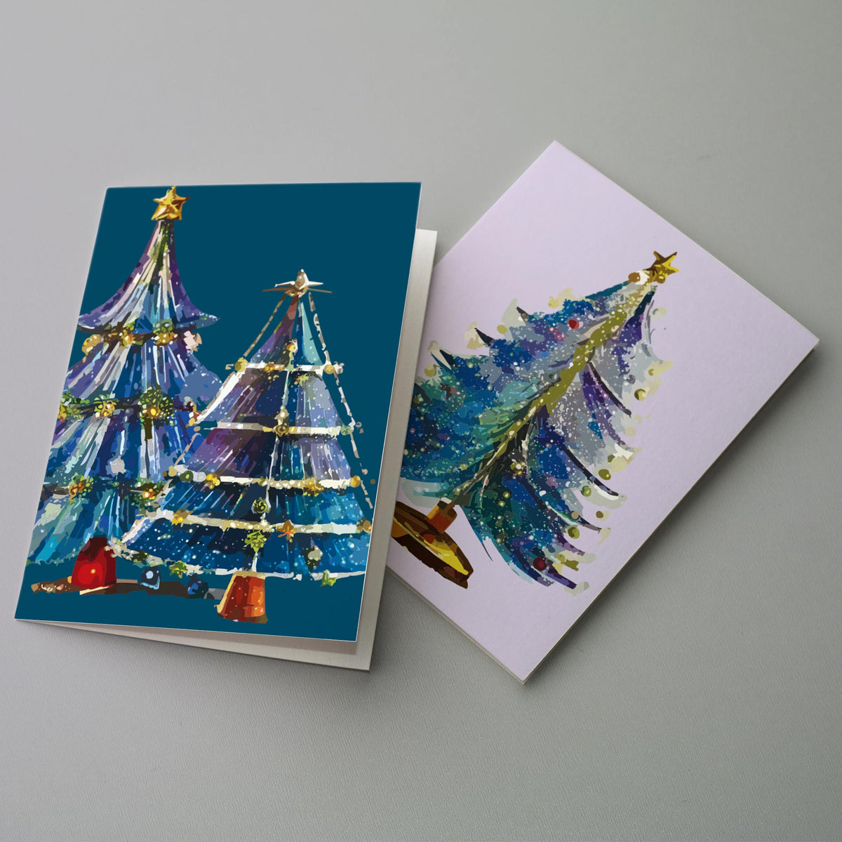 Retro Blue Glass Christmas Tree Greeting Cards, Set of 24