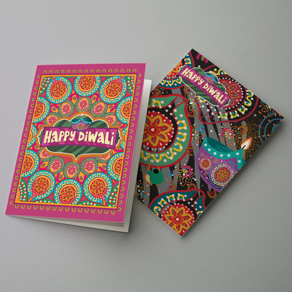 Count Happy Diwali card set with symmetrical mandala and oil lamp graphics on bright backgrounds.