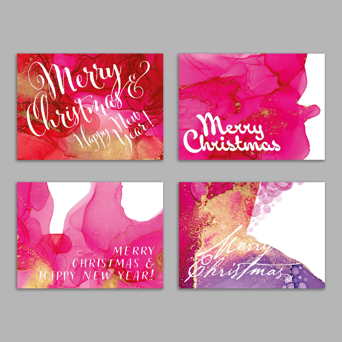 Pink Alcohol Ink Merry Christmas Greeting Cards, Set of 24