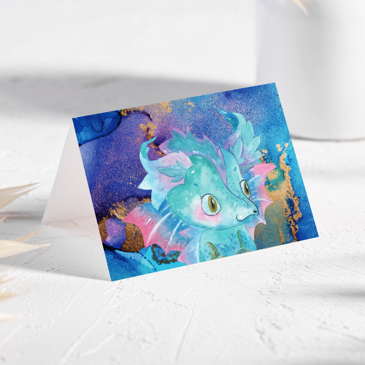 Fantasy dragon greeting cards, set of 24 with expressive illustrated characters and vibrant multicolor watercolor artwork.
