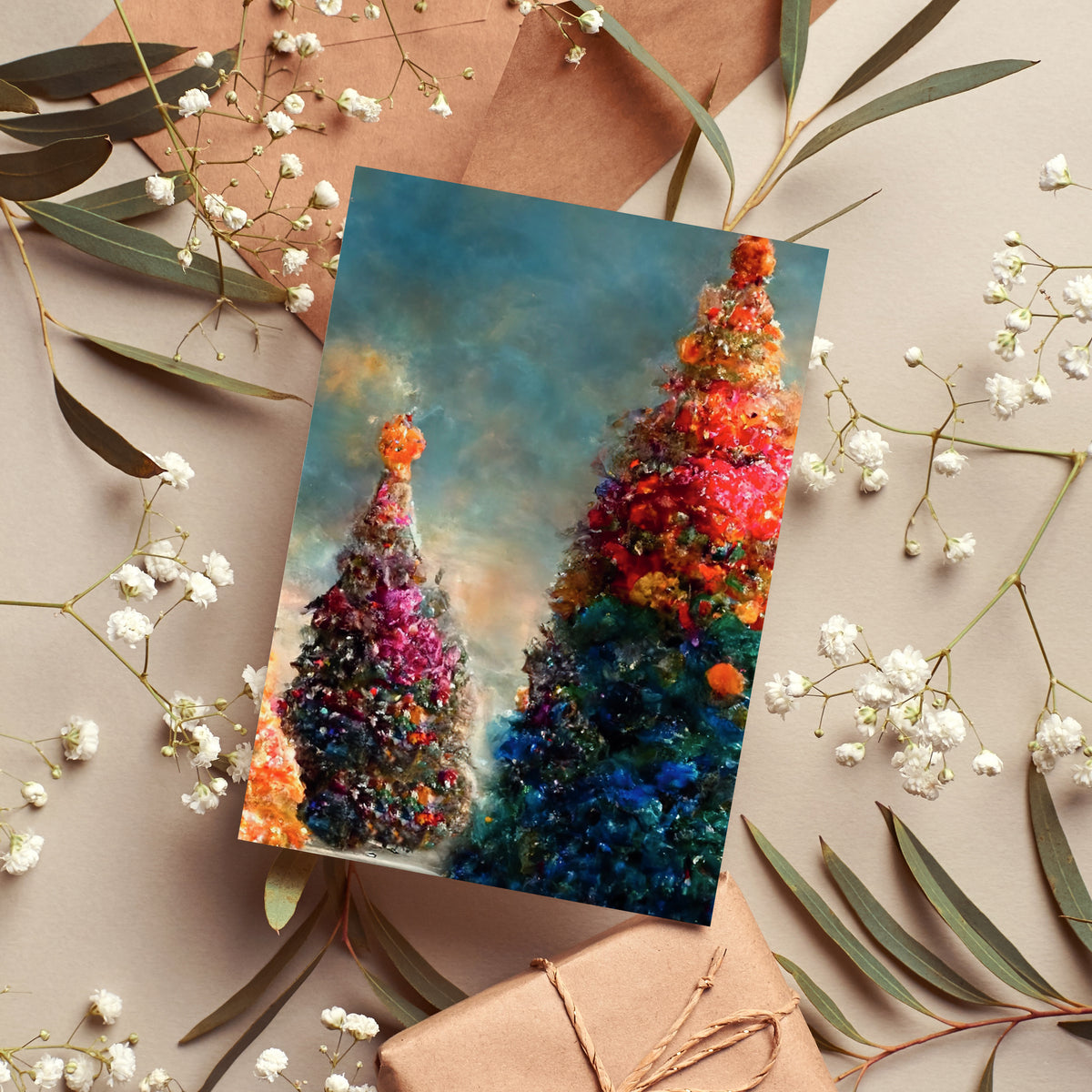 Boxed Christmas cards showing snow-covered tree landscapes in thick painterly brushstrokes, 24 count.