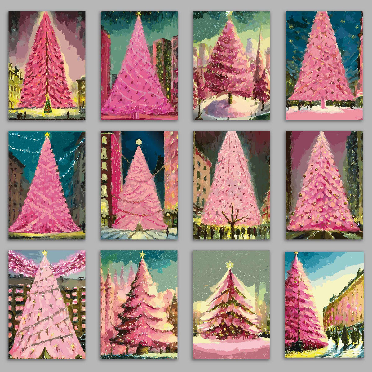Glowing Pink Christmas Tree Greeting Cards, Set of 24