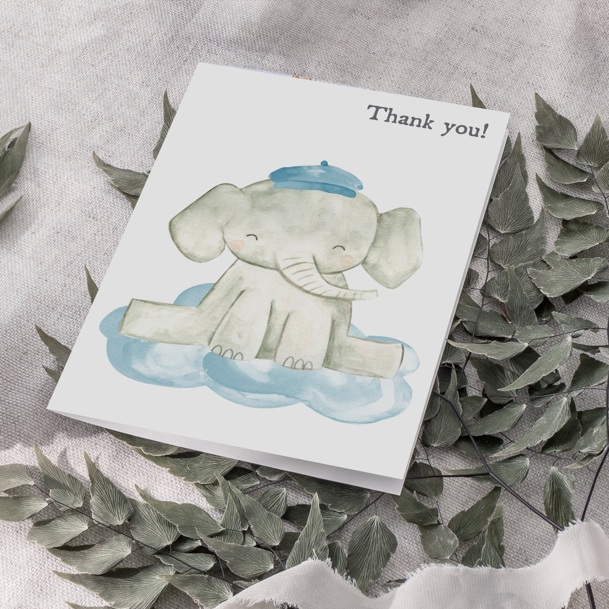 Two-design elephant card set with centered illustrations and "Thank you!" text in serif and block lettering styles.