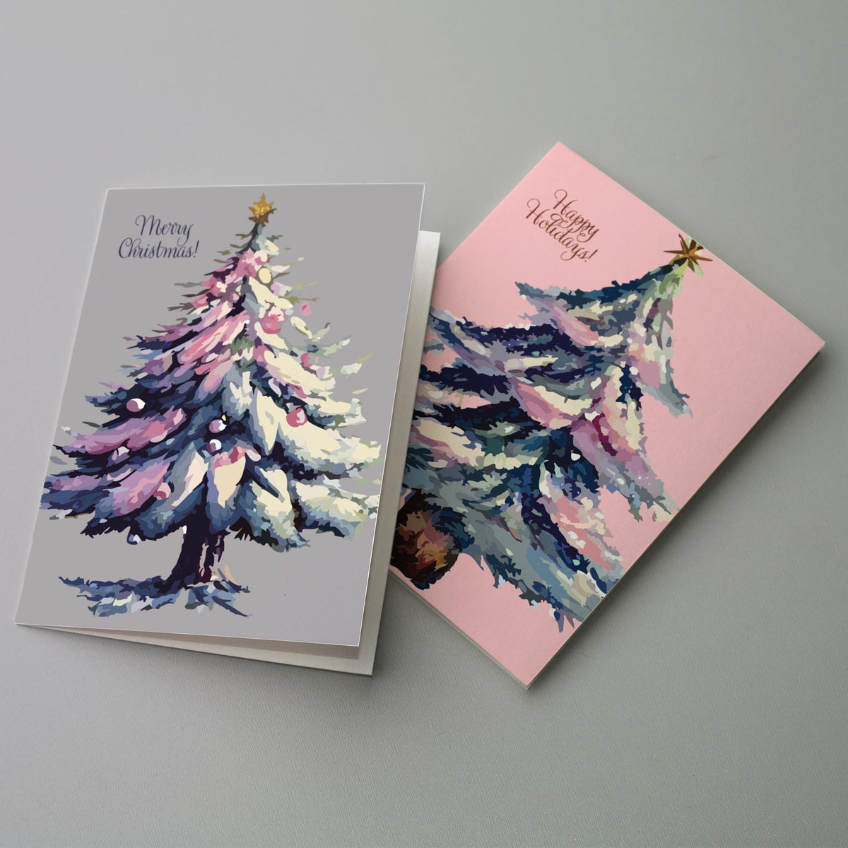 Pastel Snowy Christmas Tree Greeting Cards, Set of 24