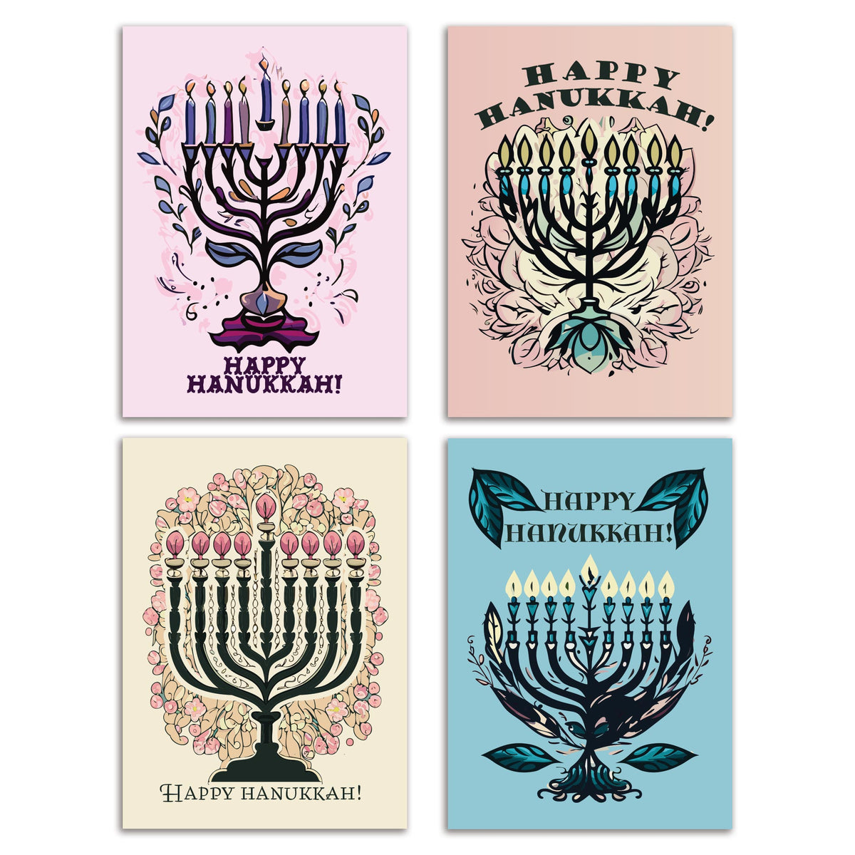 Pastel Floral Menorah Hanukkah Greeting Cards, Set of 24