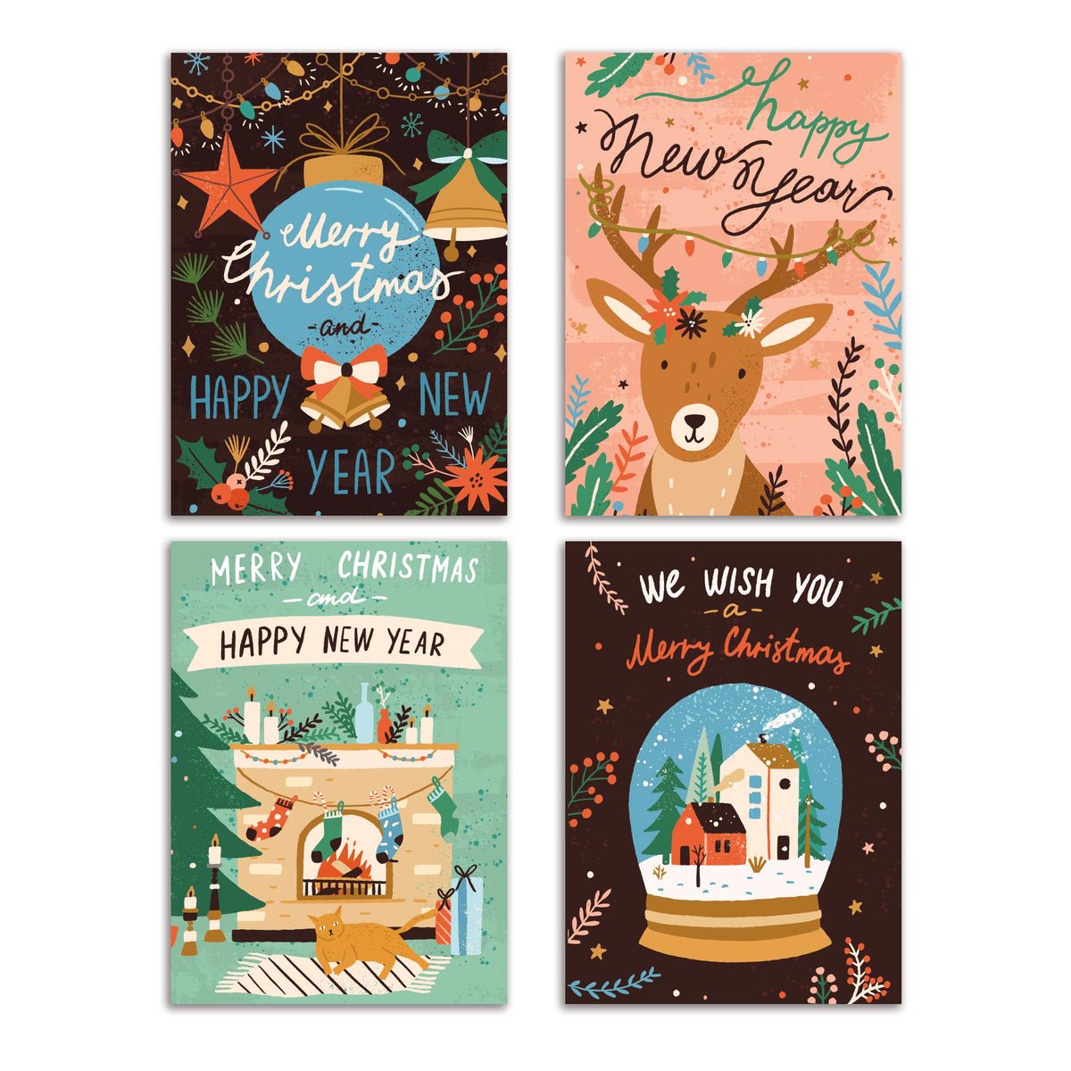 Retro Boho Merry Christmas Greeting Cards, Set of 24