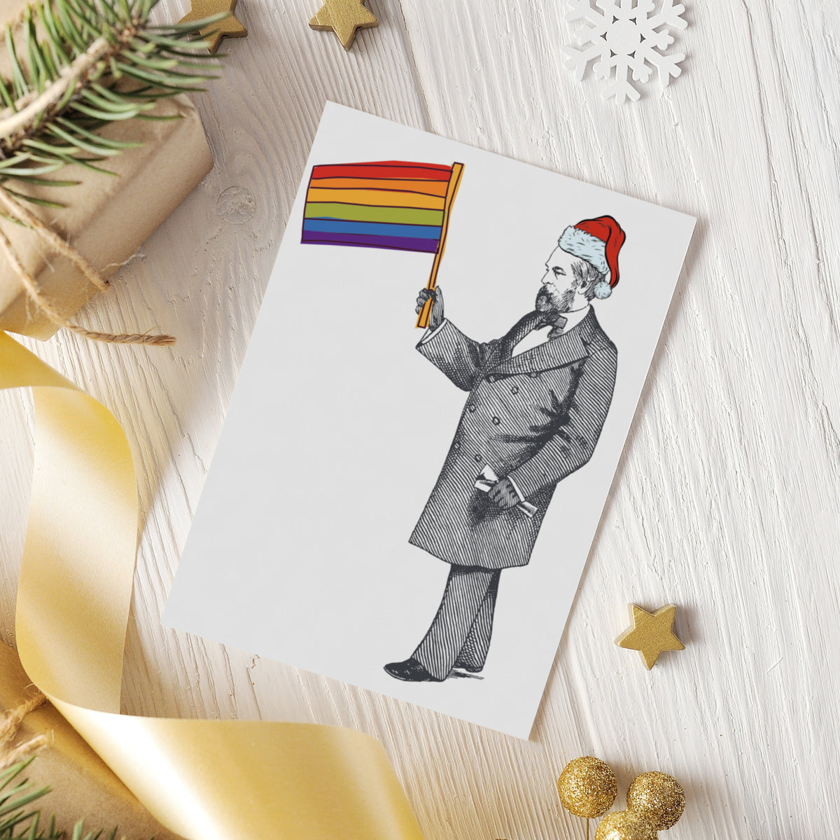 Holiday card set with vintage engraving-style illustrations and bold typographic designs on white.