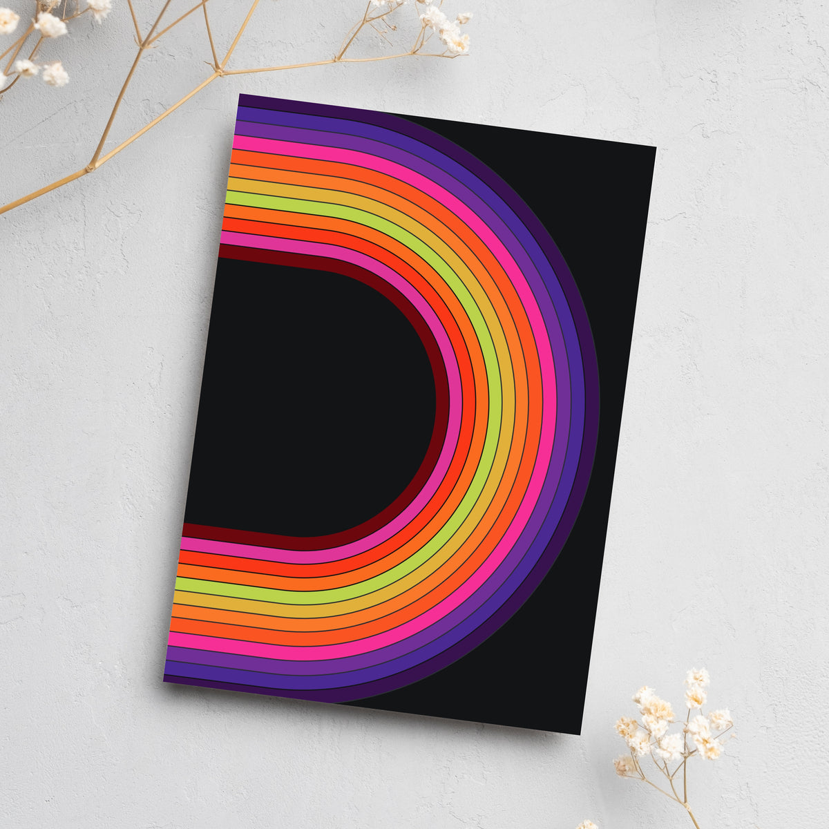 Card set of 24 featuring retro 1970s-style rainbow arc and stripe illustrations, six cards per design.