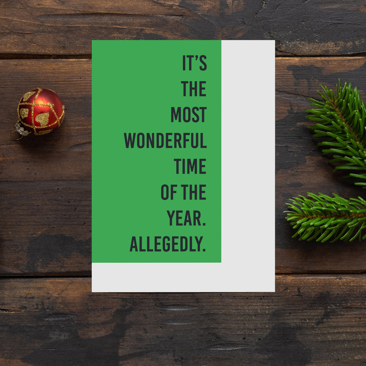 Pack of 24 holiday cards with text-only designs; color blocks positioned differently on each of the six styles.
