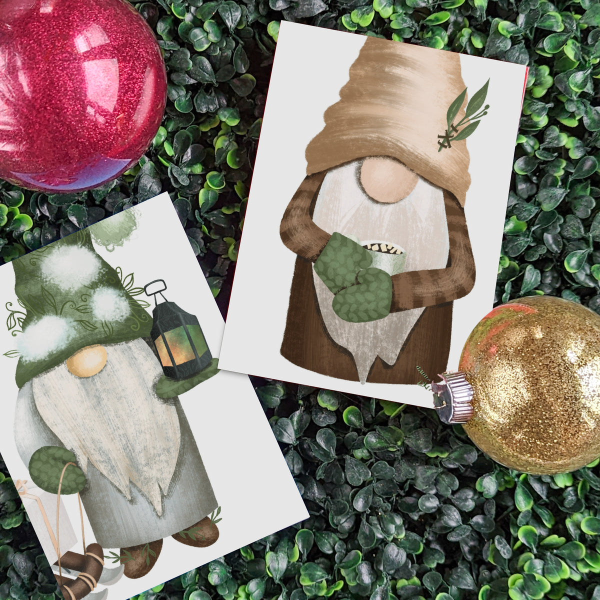 Watercolor gnome designs printed on white cards, two copies of each included.