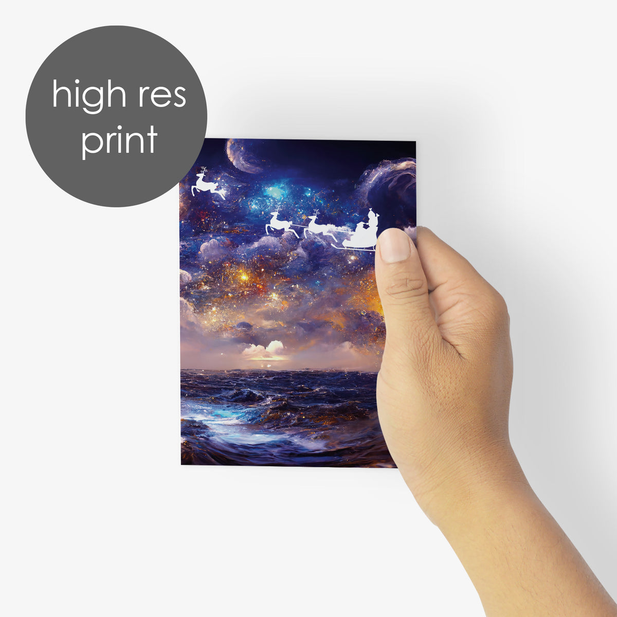Santa Sleigh Over the Sea Christmas Greeting Cards, Set of 24