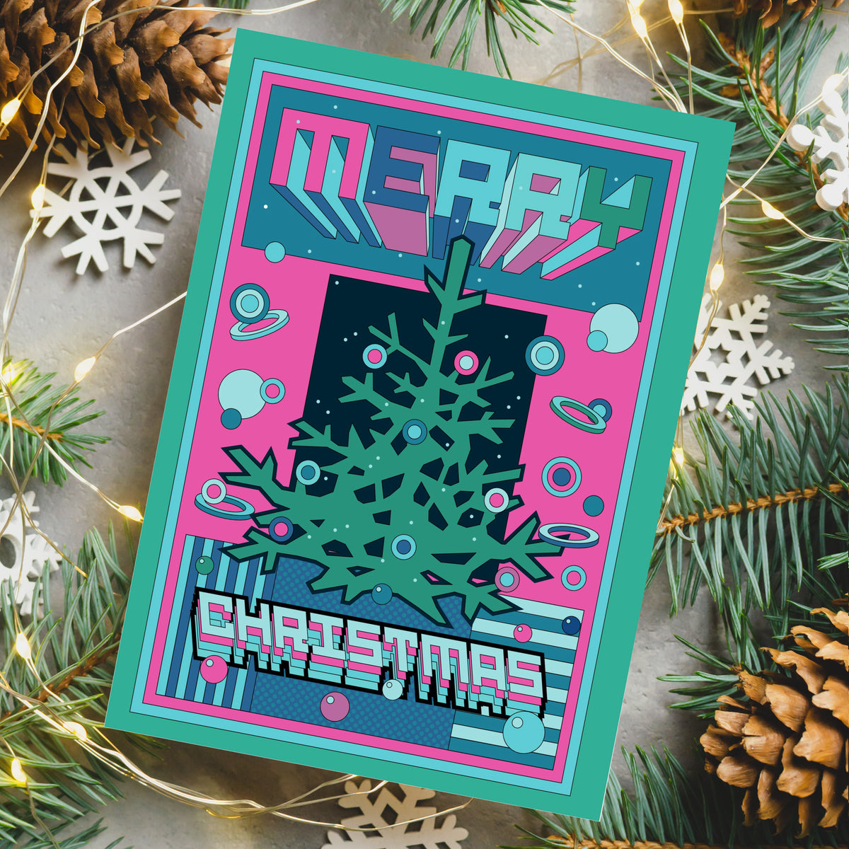 Pixel-art Christmas cards in magenta, teal, mint, lavender, and navy with layered offset echo lettering and geometric illustr