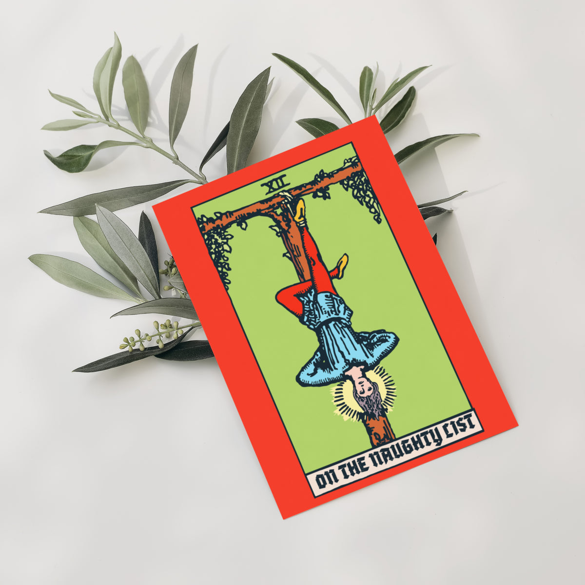 Christmas cards with flat-color tarot illustrations, heavy black linework, and uppercase blackletter captions such as HO HO H