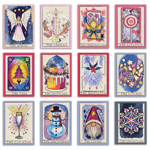 24 Tarot Inspired Christmas Cards Colorful Cosmic Illustrations with Envelopes