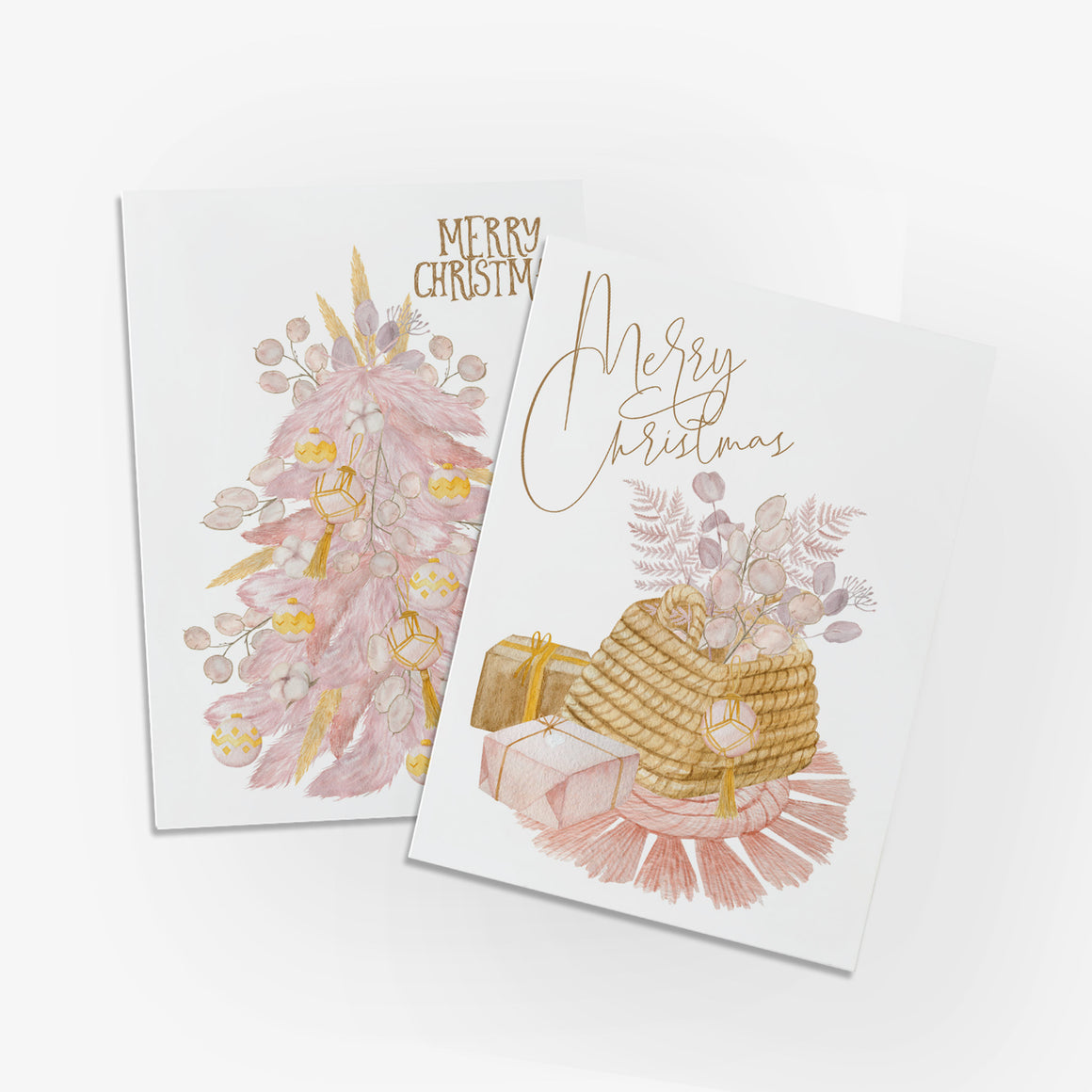 24 Romantic Merry Christmas Cards - 2 Boho Designs in Blush and Beige + Envelopes
