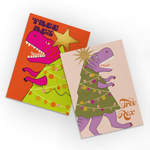 24 Tree Rex Christmas Tree Cards in 2 Colorful Fun Designs + Envelopes