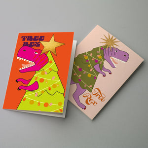 24 Tree Rex Christmas Tree Cards in 2 Colorful Fun Designs + Envelopes