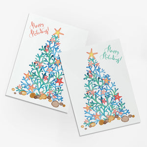 24 Ocean Christmas Tree Cards in 2 Colorful Beach Illustrations + Envelopes