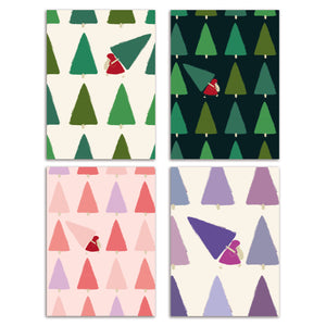 24 Santa Stealing a Christmas Tree Pattern Cards in 4 Colorful Modern Illustrations + Envelopes