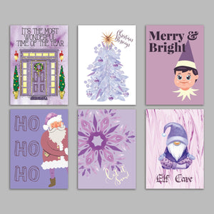 24 Lavender Christmas Cards in 6 Fun Traditional Designs + Envelopes