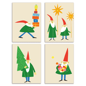 24 Retro Christmas Elf Greeting Cards in 4 Funny Cartoon Illustrations + Envelopes