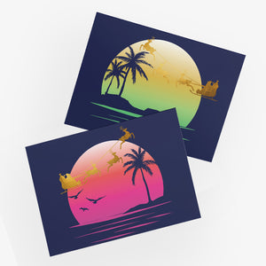 24 Tropical Beach with Santa's Sleigh Sunset Christmas Cards in 2 Colorful Designs + Envelopes