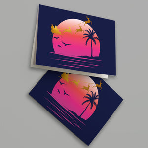24 Tropical Beach with Santa's Sleigh Sunset Christmas Cards in 2 Colorful Designs + Envelopes