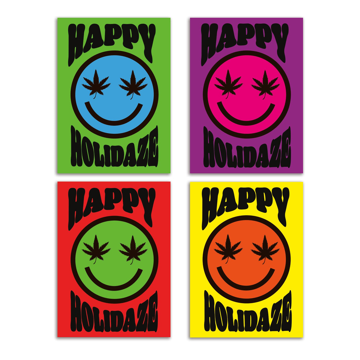 24 Happy Holidaze Smiley Face Pothead Greeting Cards in 4 Colorful Designs + Envelopes