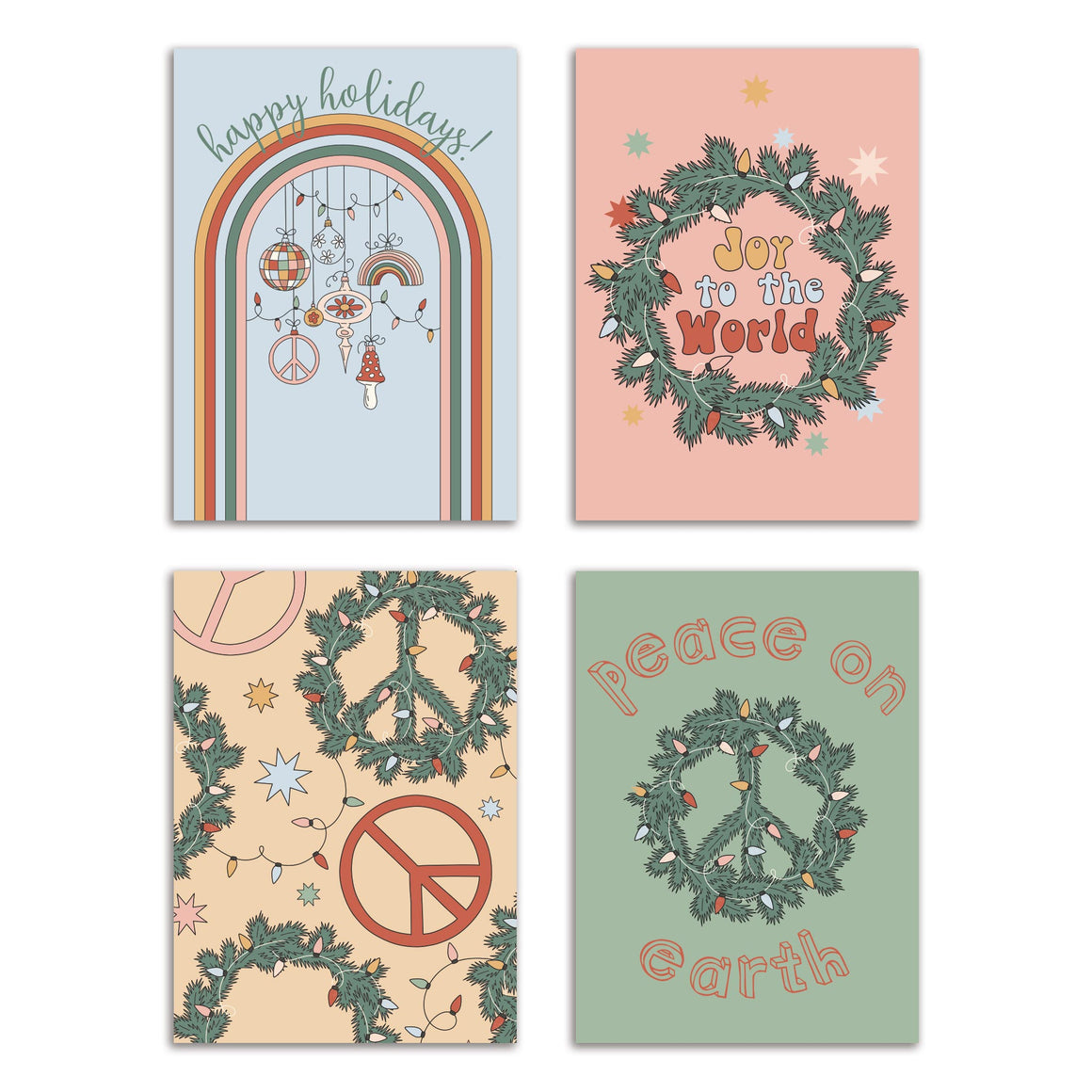 24 Boho Holiday Cards in 4 Vintage Colorful Designs w/ Envelopes