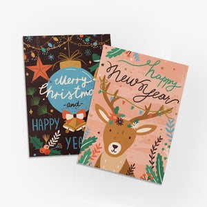 24 Boho Merry Christmas Cards in 4 Design + Envelopes