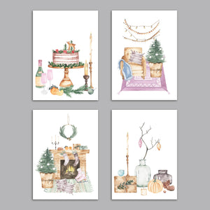 24 Cozy Home Holiday Illustrations in 4 Pale Pink Designs Christmas Cards + Envelopes