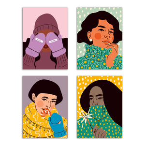 24 Diverse Winter Girls Greeting Cards in 4 Colorful Illustrations - w/ Envelopes