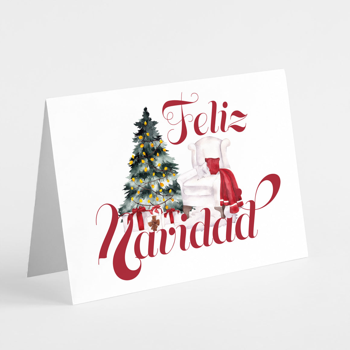 24 Feliz Navidad Cards with Christmas Tree and Santa Hat + Envelopes