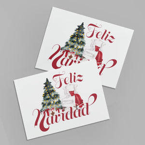 24 Feliz Navidad Cards with Christmas Tree and Santa Hat + Envelopes