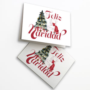 24 Feliz Navidad Cards with Christmas Tree and Santa Hat + Envelopes