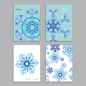 24 Snowflake Holiday Cards in 4 Wintry Modern Blue Designs + Envelopes
