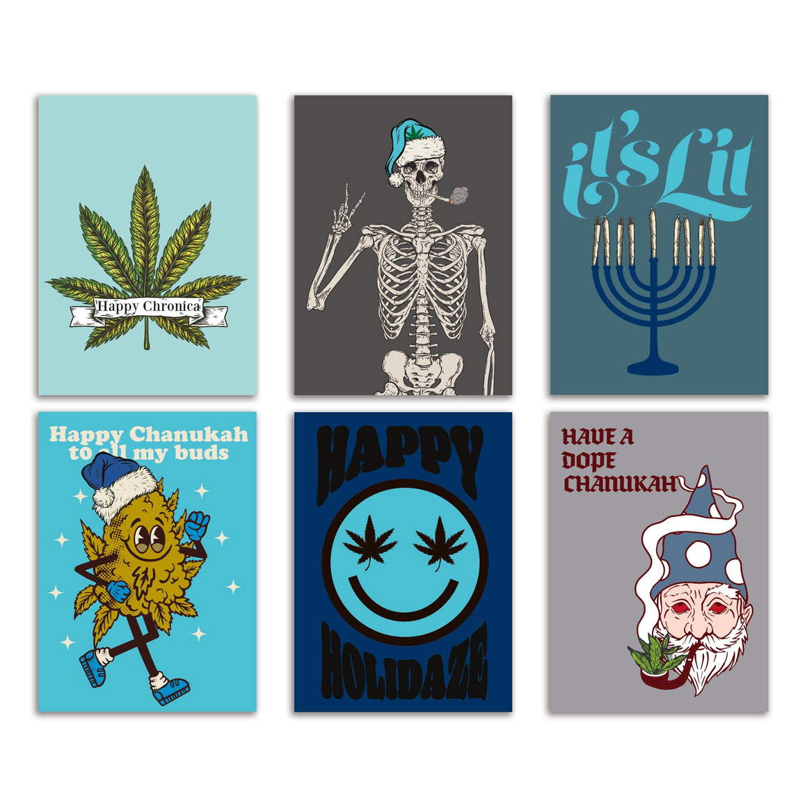 24 Hilarious Weed-Lover Chanukah Holiday Greeting Cards in 6 Fun Designs + Envelopes
