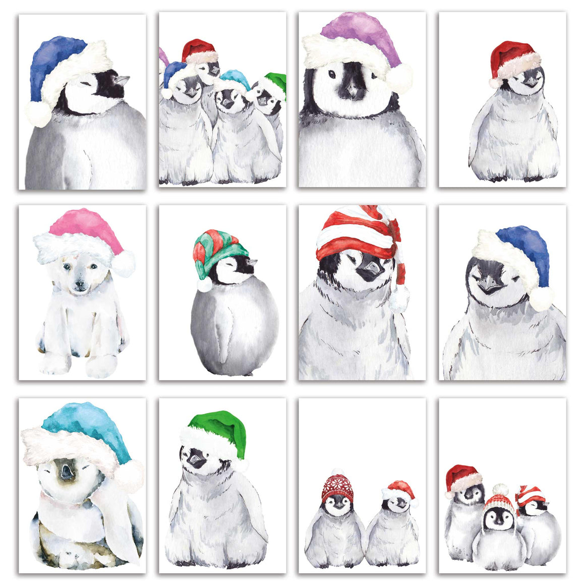 24 Adorable Baby Animal Holiday Greeting Cards + Envelopes | Christmas Penguins
