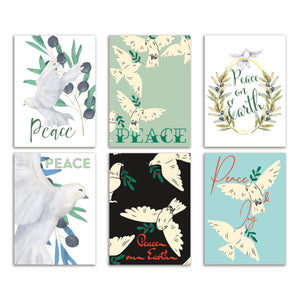 24 Peace on Earth Holiday Cards with 6 Christmas Dove Illustrations + Envelopes