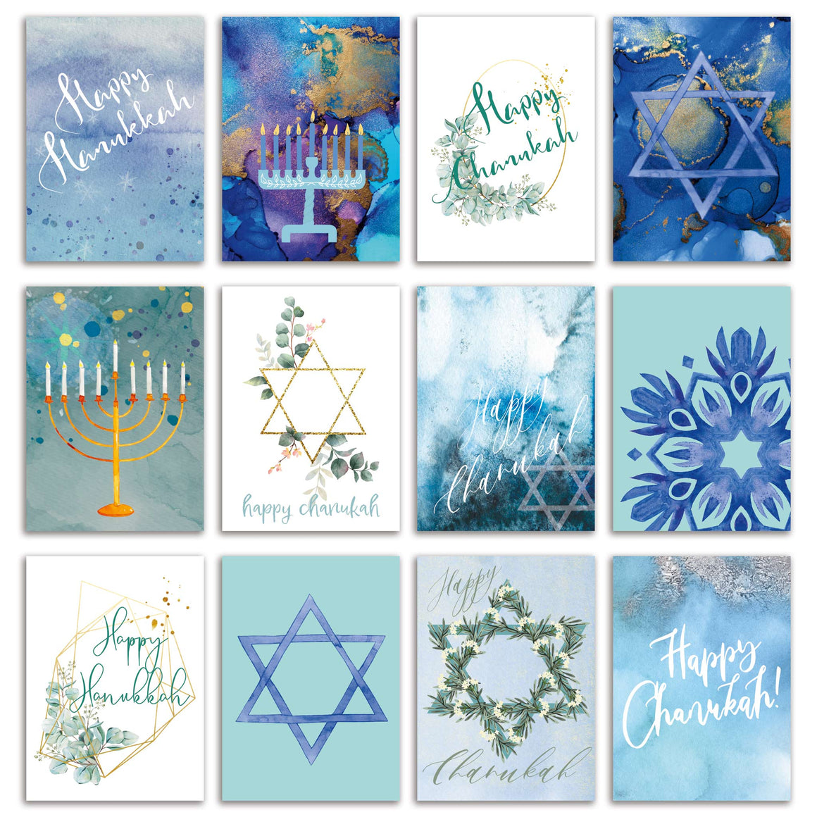 24 Modern Mixed Variety Pack of Happy Chanukah Cards + Envelopes
