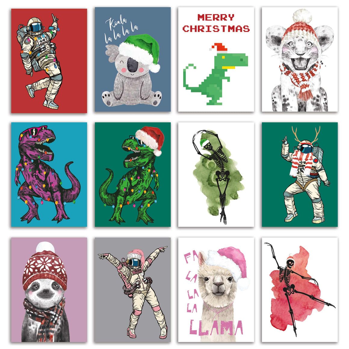 24 Pack of Funky Christmas Cards + Envelopes for Kids + Adults