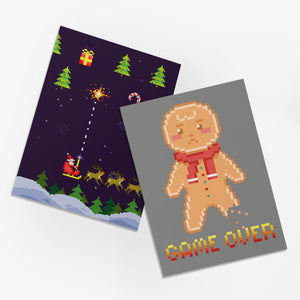 24 Retro Arcade Christmas Cards in 2 Pixelated 8-Bit Graphics + Envelopes