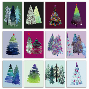 24 Watercolor Christmas Tree Cards in 12 Modern Abstract Designs + Envelopes