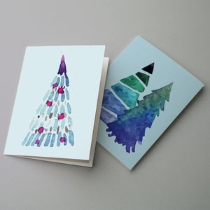 24 Watercolor Christmas Tree Cards in 12 Modern Abstract Designs + Envelopes