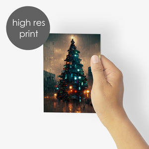 24 Modern Christmas Tree Cards in 6 Glowing Holiday Lights Designs + Envelopes