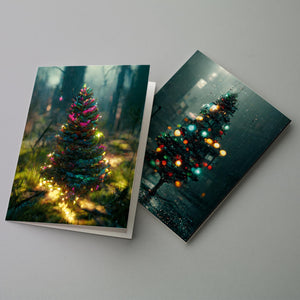 24 Modern Christmas Tree Cards in 6 Glowing Holiday Lights Designs + Envelopes