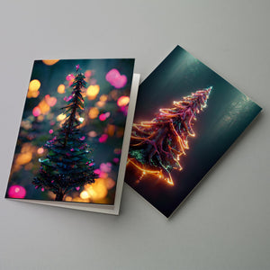 24 Modern Christmas Tree Cards in 6 Glowing Holiday Lights Designs + Envelopes