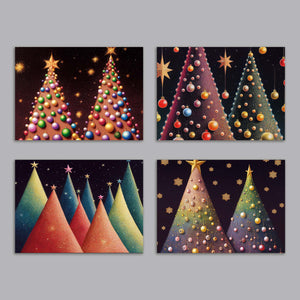 24 Modern Christmas Tree Cards in 4 Colorful Designs + Envelopes